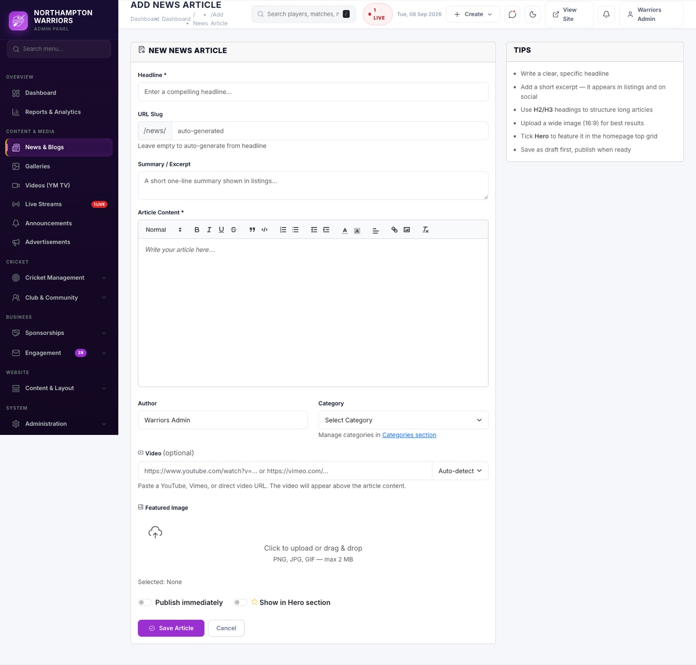 The Add New form