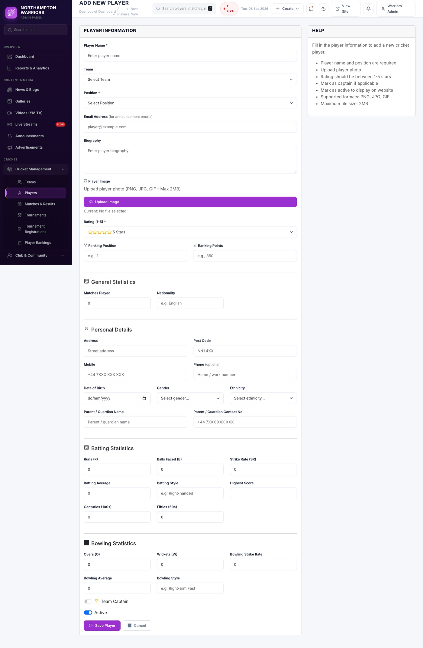 The Add New form